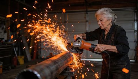 Senior woman grinding steel pipe with angle grinder producing dramatic sparks in workshop