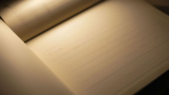 Warm-lit open notebook with lined pages and graphite marks closeup for journal design