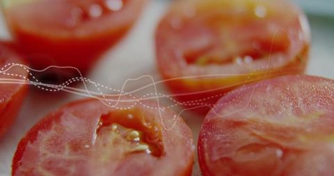 Macro closeup sliced ripe tomatoes showing juicy seeds, glossy flesh and soft bokeh