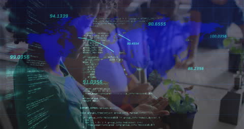 Children in Classroom with Digital Data Overlay Illustrating Global Learning