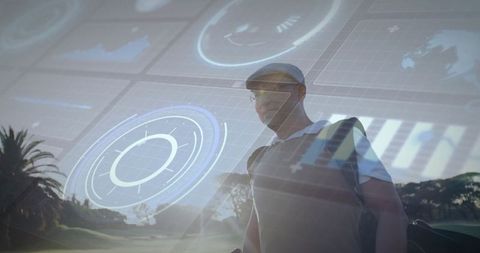 Golfer Analyzing Holographic Data on Course