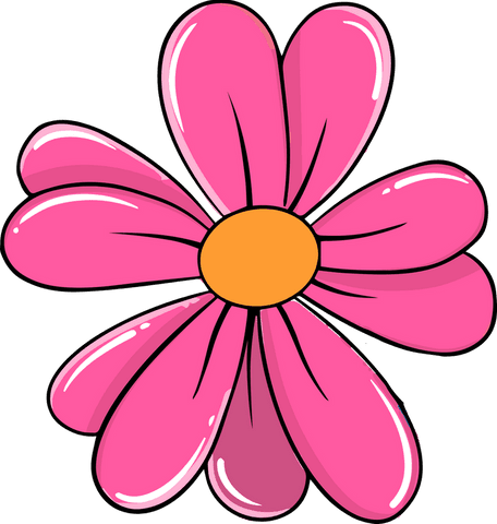Cartoon pink daisy with yellow center on transparent background