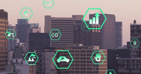 Eco Icons Network Overlaying Urban Cityscape at Sunset
