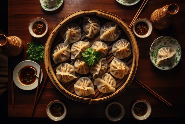 Close up of asian dumplings in bamboo steamer and sauces, created using generative ai technology. Fresh asian food concept digitally generated image.