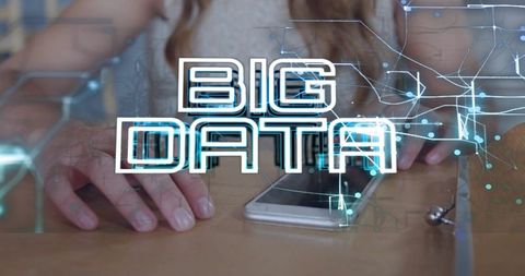 Hands Hovering Over Smartphone with BIG DATA Holographic Overlay and Futuristic Network