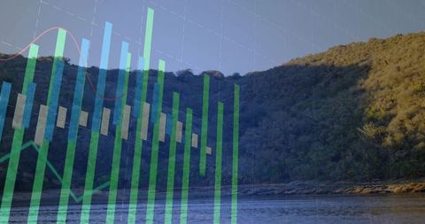 Translucent financial chart overlaying river hillside with candlestick graph
