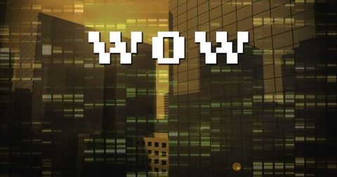 Pixelated WOW Text Over Neon Cityscape