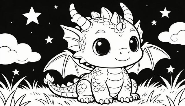 Sitting baby dragon gazing at starry sky, whimsical black and white coloring page