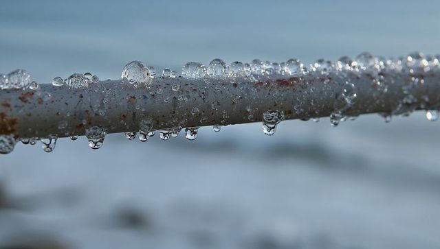 Rusted coastal railing with crystal water droplets glinting over blurred sea background