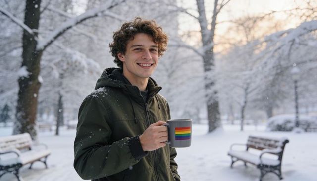 Smiling young man holding rainbow-striped mug on snowy park morning enjoying warm drink