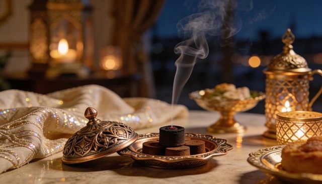 Ornate brass incense burning on marble, lanterns glowing, golden ritual mood for ramadan