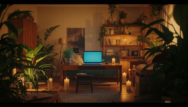 Cozy Living Room Workspace with Laptop and Ambient Candlelight