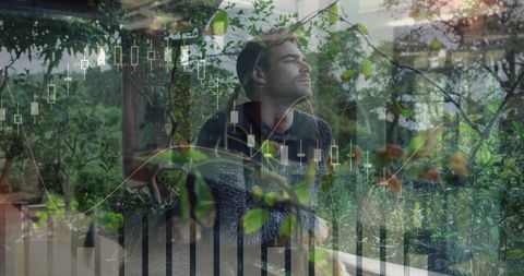 Investor reflecting on balcony contemplating markets with financial chart overlay and green foliage