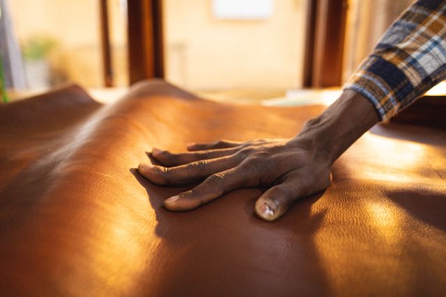 Hand of an African American craftsman touching a piece of leather in a workshop. Ideal for use in articles or advertisements about craftsmanship, handmade goods, small businesses, and leatherworking. Can be used to highlight the tactile nature of materials and the skill involved in handcrafting.