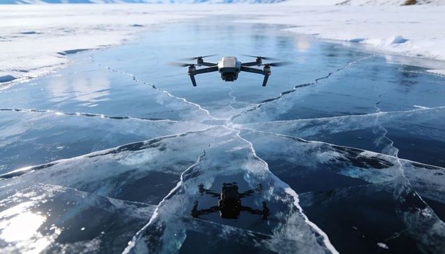 Hovering drone reflecting on cracked frozen lake with radial ice fractures and snowbanks