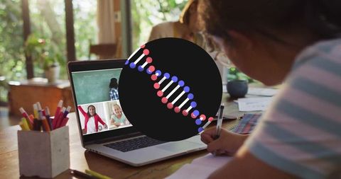 Teen Girl Engaged in Online Learning with Innovative DNA Concept