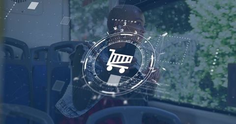 Commuter holding phone looking out bus window with floating digital shopping cart hud