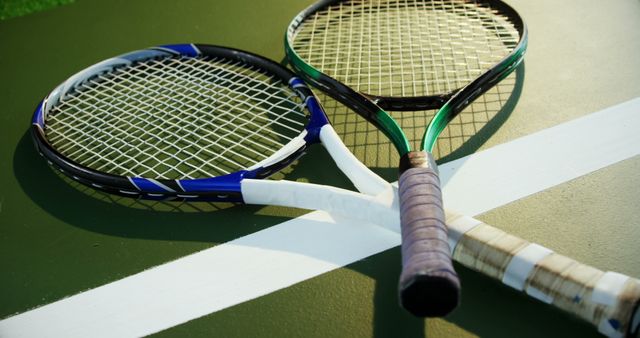 Two tennis rackets lying crosswise on a green tennis court, with a white boundary line. Ideal for sports equipment promotions, tennis training materials, or illustrating outdoor sports and fitness activities.