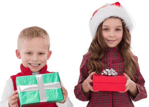 Cheerful Children Holding Christmas Gifts on Transparent Background