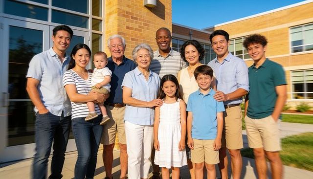 Multigenerational family smiling outdoors by school building in sunlit casual clothing
