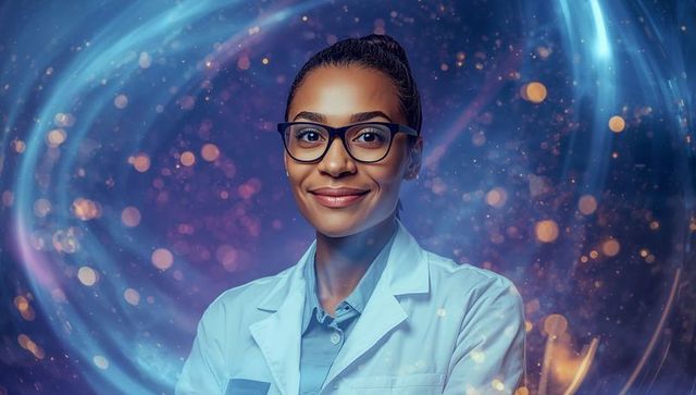 Confident woman scientist wearing lab coat and glasses with neon bokeh light swirl