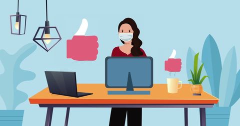 Woman with Face Mask Using Computer in Modern Workspace - Download Free Stock Images Pikwizard.com