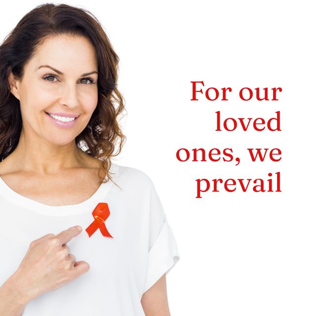 Composition of world aids vaccine day text over happy caucasian woman with red ribbon. World aids vaccine day and health, digitally generated image.