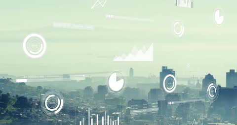 Cityscape Overlaid with Digital Financial Data Visualizations