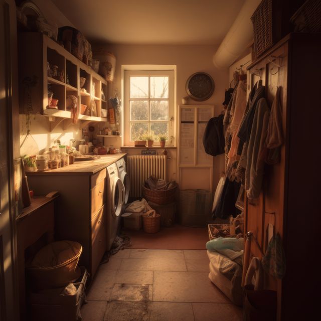 General view of utility room with window, created using generative ai technology. Utility room, home decor and interiors concept digitally generated image.