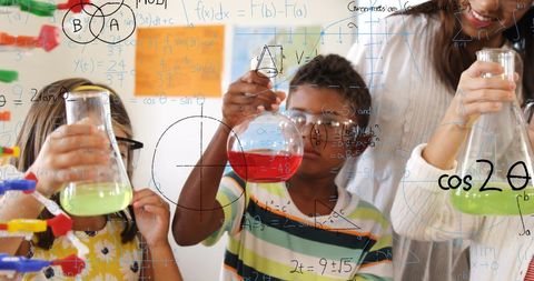 Kids Experimenting in Science Class with Mathematical Overlay - Download Free Stock Images Pikwizard.com