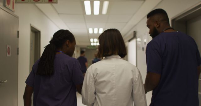Medical professionals walking in a hospital hallway, engaging in conversation. Useful for illustrating teamwork, healthcare environments, or medical team scenarios in a clinic or hospital. Ideal for healthcare articles, medical blogs, or educational material.