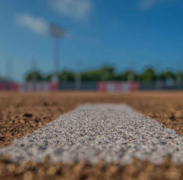 Close-up view of a baseball field boundary line during a sunny day. Ideal for content related to baseball, outdoor sports, sunny weather, recreation, and competitive games. This image captures the texture of the dirt and the crisp, white line, mirroring the intensity on the field, perfect for sports-themed articles, advertisements, or background visuals in sports-related projects.