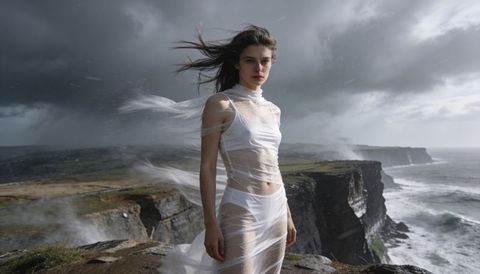 Windswept model standing on cliff with sheer fabric trailing in dramatic storm coastline