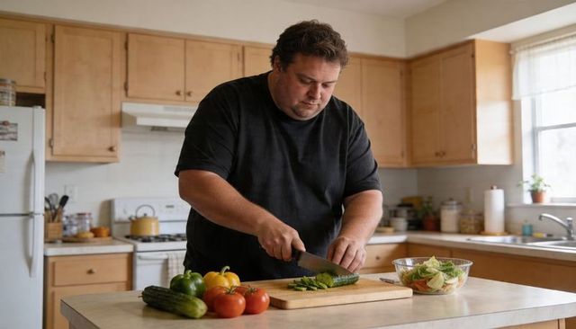 Mature man chopping fresh cucumbers on sunlit kitchen island preparing healthy home salad