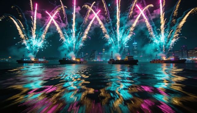 Teal and magenta fireworks bursting over harbor barges with glowing water reflections