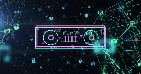 Digital Neon VHS Tape with Spinning Global Icons - Download Free Stock Images Pikwizard.com