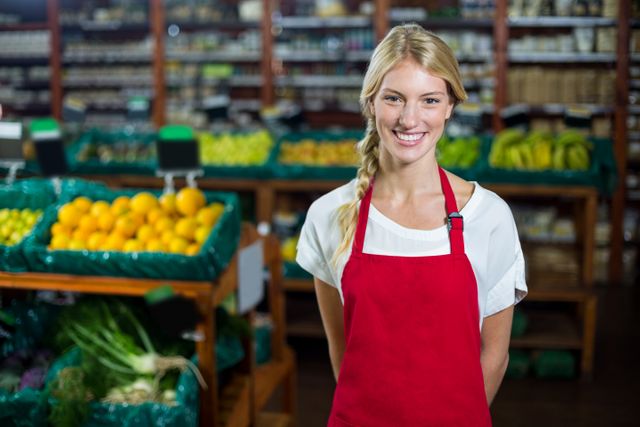 Female staff member standing in the organic section of a supermarket, smiling at the camera. She is wearing a red apron and is surrounded by fresh produce like fruits and vegetables. Ideal for use in retail, customer service, and organic food marketing materials.