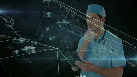 Doctor Analyzing Data with Futuristic Network Interface