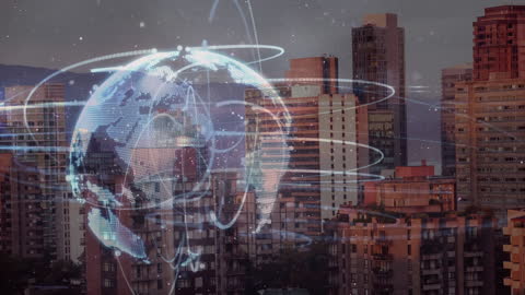Futuristic Globe of Digital Connections Over Urban Skyline