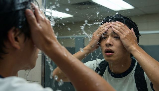Asian teen splashing water on face at school restroom mirror, backpack visible, wet hair