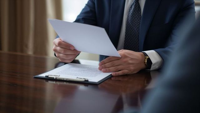 Executive reviewing documents at conference table holding loose sheet over clipboard