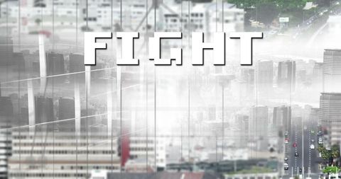 Digital Fight Text Overlaid on Urban Cityscape