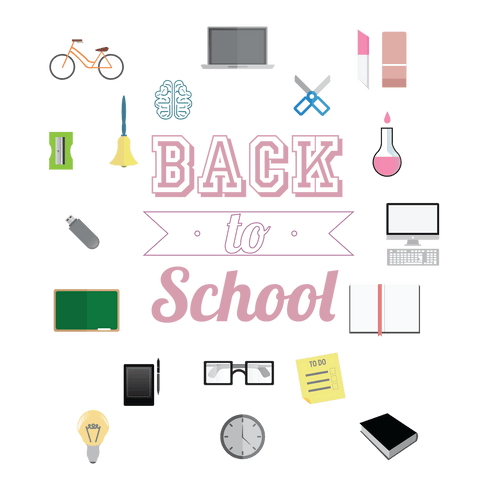 Colorful school icons and text on transparent background