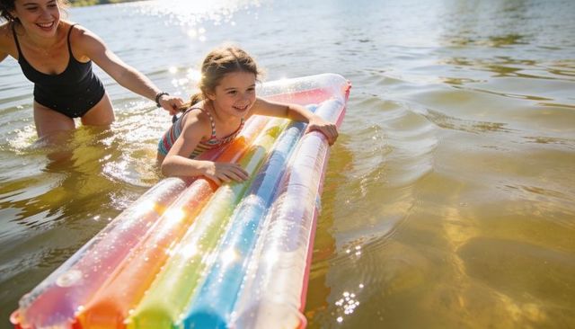 Girl smiling on rainbow inflatable while woman steadying in sunlit lake