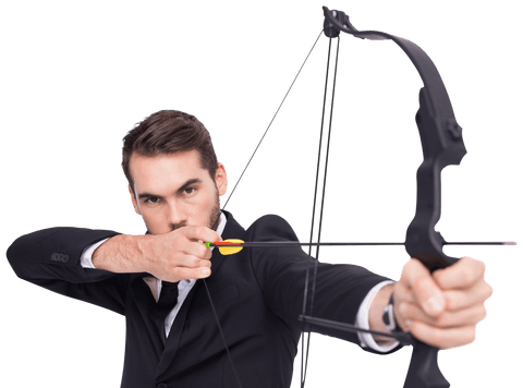 Transparent businessman practicing archery with focused attitude