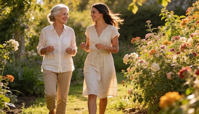 Grandmother and granddaughter walking through sunlit flower garden sharing conversation