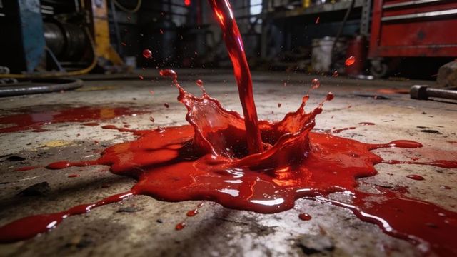 Pouring crimson liquid splash on workshop floor close-up industrial spill and reflection