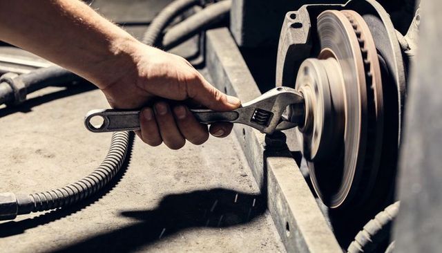 Mechanic holding adjustable wrench turning spinning brake disc producing sparks