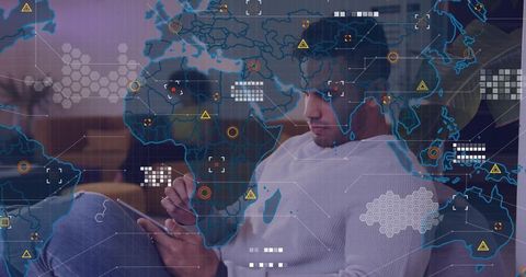 Remote data analyst using tablet exploring global augmented reality hud data views