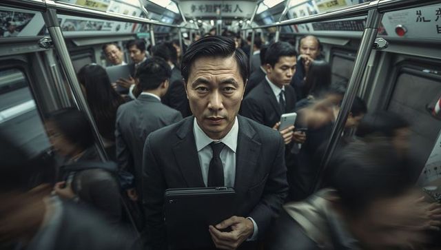 Businessman standing in crowded commuter train holding folio during rush hour commute